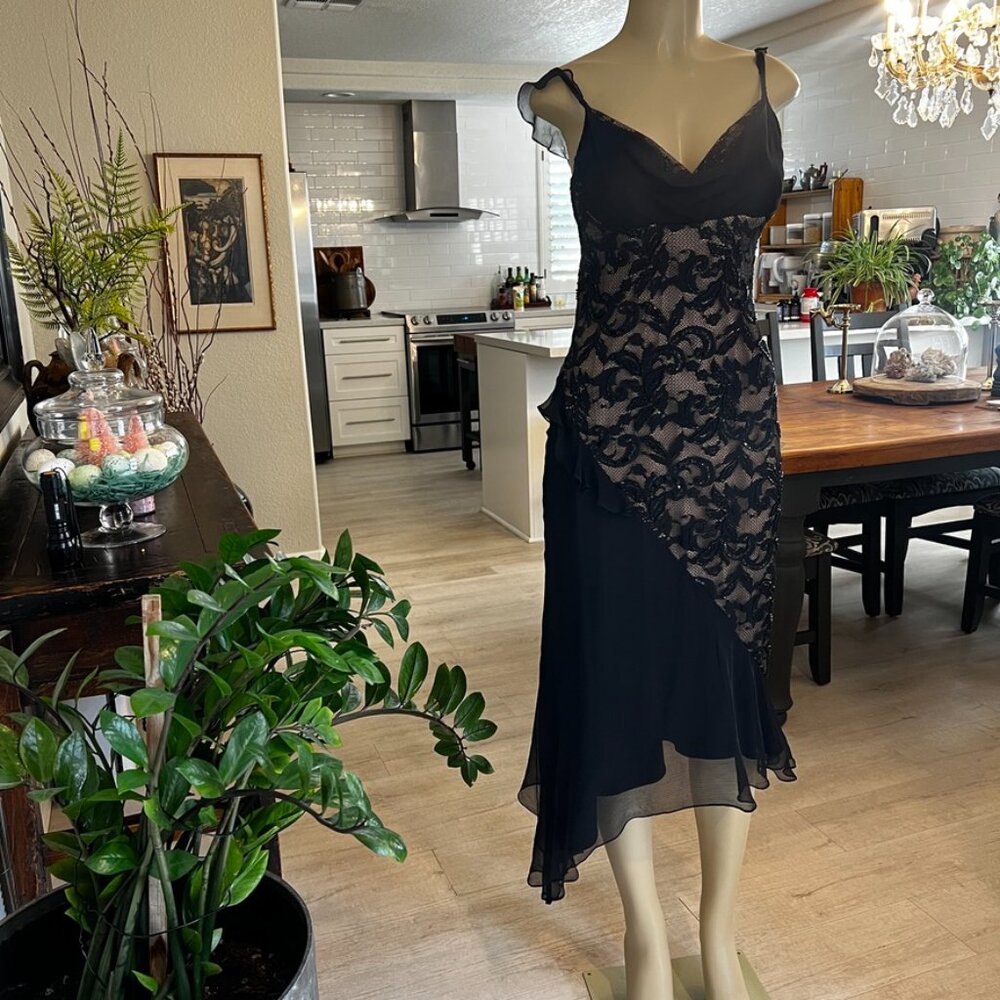 cach'e black lace overlay w/black sequins over skin tone polyester lining DRESS